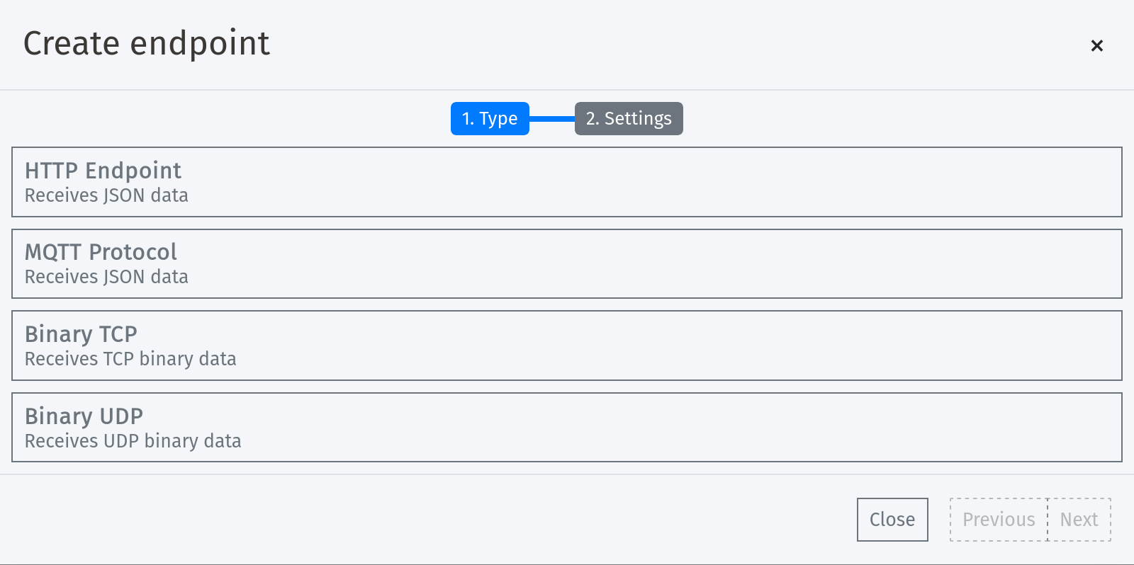 Modal to create a new endpoint allowing HTTP, MQTT, TCP and UDP protocols