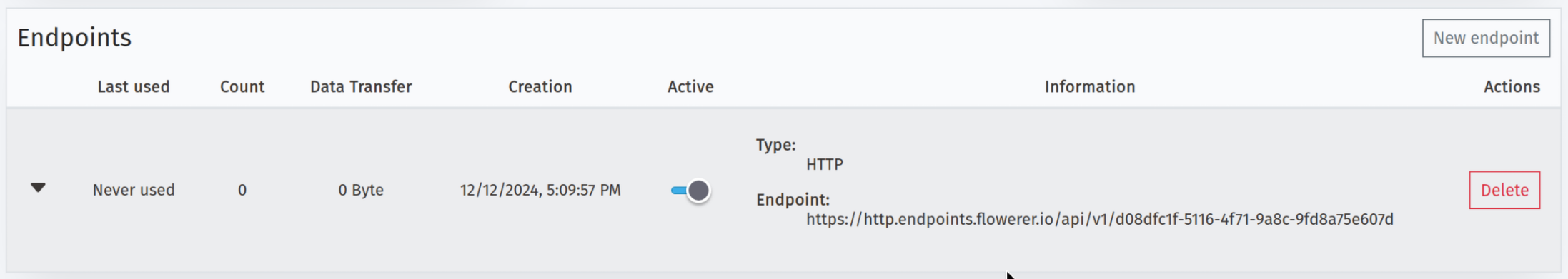 Endpoints card containing the new endpoint