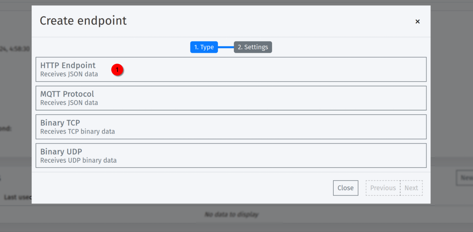 Endpoints modal selecting the HTTP endpoint