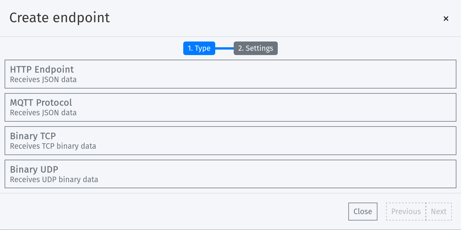 Modal para crear un nuevo endpoint que permite los protocolos HTTP, MQTT, TCP y UDP