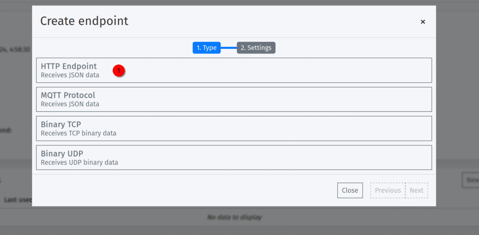 Modal de puntos de acceso seleccionando el punto de acceso HTTP