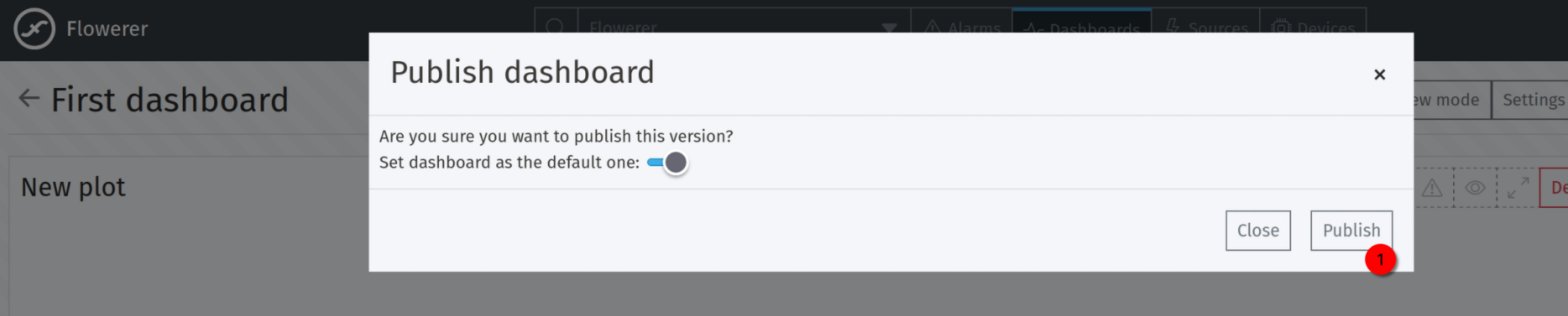 Okno dialogowe publikacji wersji dashboardu